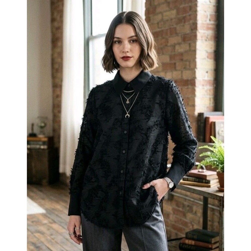 H&M Blouse L Black Whimsigoth Textured Eyelash Shaggy Button Up Shirt  Y2K